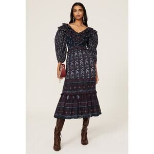 Sea Nadine Navy Blue Border Print Puff Sleeve Ruffled V-Neck Maxi Dress Size 14